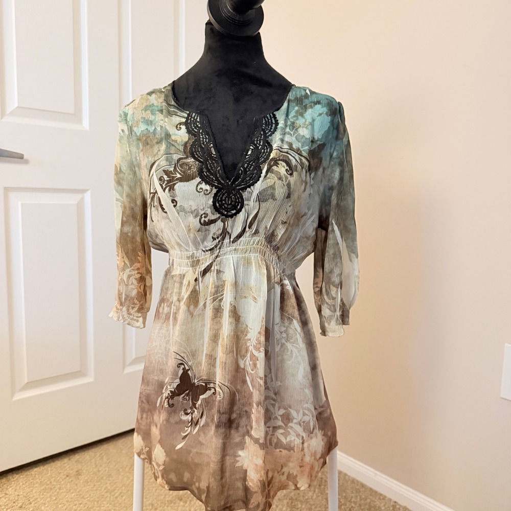 VTG Women's Butterfly Asymmetrical Boho Fairy V Neck Blouse Y2K Top SZ M
